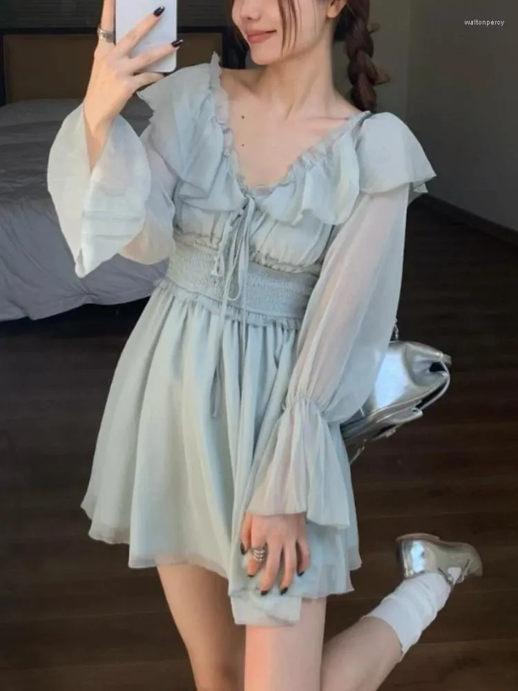 Sukienki swobodne Deeptown Y2K bajki błękitne mini sukienki kobiety w stylu koreańsko -marszczyków Tunik Sweet Egirl Princess Vestidos Autumn