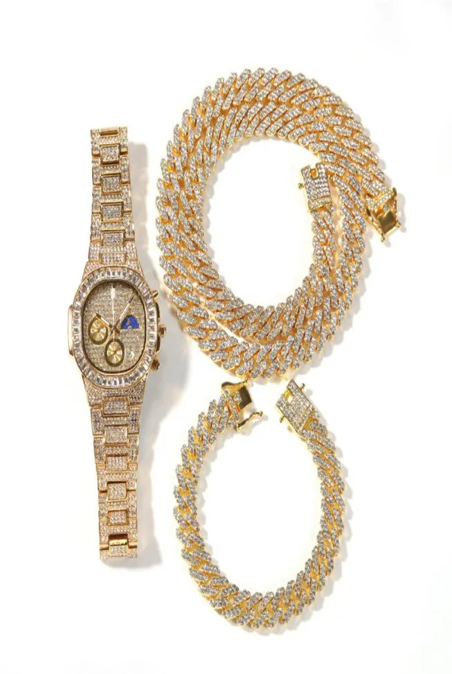 3PCS Set Mens Bling Chain Collier Bracelet Watch Set pour hommes Femmes Hip Hop Punk Jewlery Gold plaqué Bling Rignestone 1824inch CH7122953