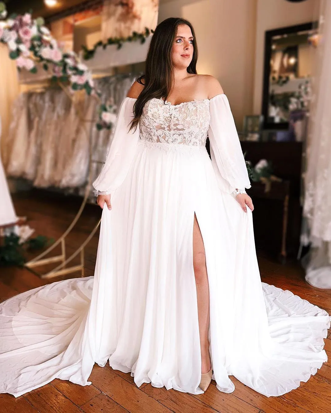 champagne a line prom dresses Lakshmigown Women's Chiffon Wedding Dresses Bohemian Sexy V-Neck Lace White / Custom size main image 0