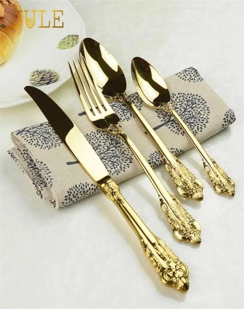 Vintage Western Gold Plated Coupley Table Valise Set 24pcs Dining Counds Forks Catelles de vaisselle de luxe dorée Gravure 22032104394