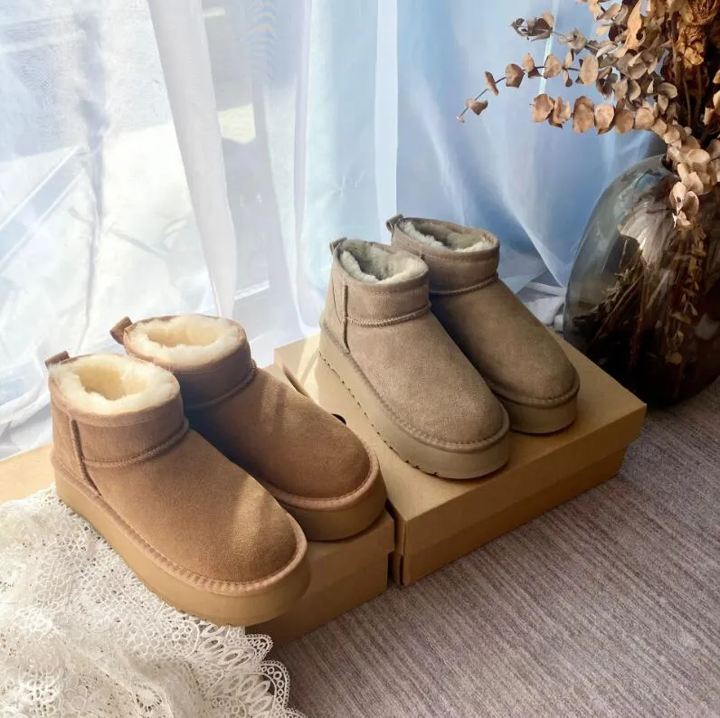 2023 Ultra Mini -Bootdesigner Womans Plattform Schneestiefel Australien Fell warme Schuhe echte Lederkastanien -Knöchelflausch -Stiefel für Frauen
