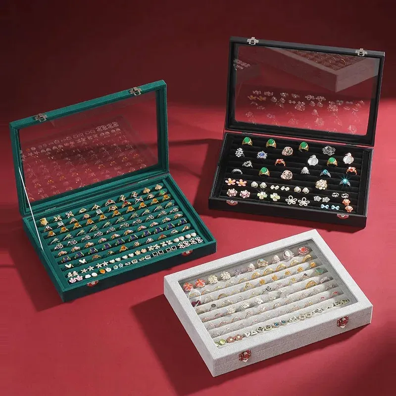 Plateau d'organisateur d'anneaux avec un couvercle transparent 10 machines à sous en velours Insérer des bijoux Boîte de rangement 240430