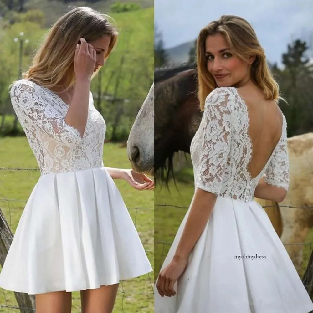 Spiaggia a buon mercato marie laporte abiti corti a v -collo in pizzo applique in pizzo 1/2 maniche plus size abiti da sposa da sposa 0430 0430