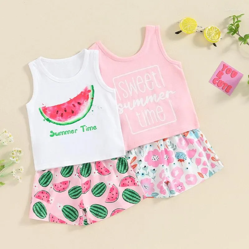 Clothing Sets Baby Kids Girls Shorts Set Sleeveless Crew Neck Letters Print Tank Top And Flower Watermelon Summer 2-piece Outfit