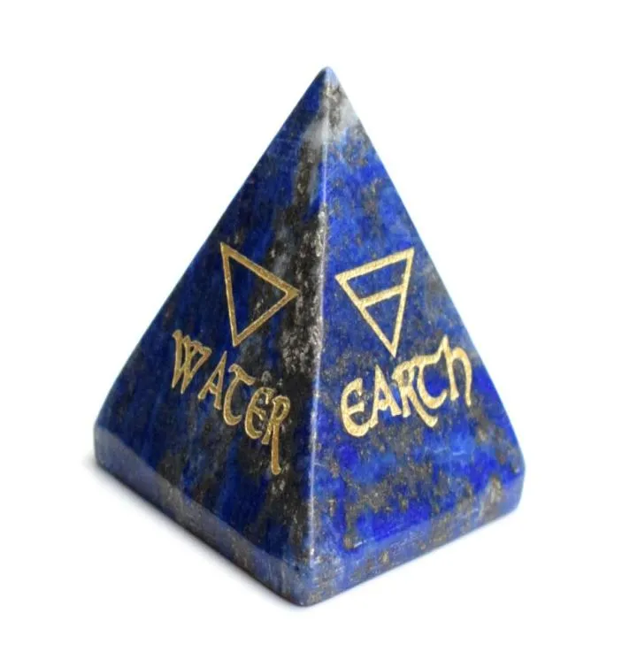 Chakra lapis naturale lapis lazuli piramide guarigione in cristallo inciso Reiki 4 Elementale del fuoco dell'aria dell'acqua terrestre con un sacchetto1029629