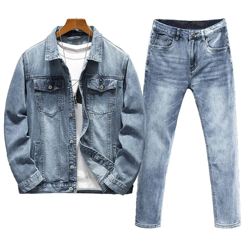 Простые повседневные мужские наборы, сплошная синяя куртка и джинсы 2 шт.