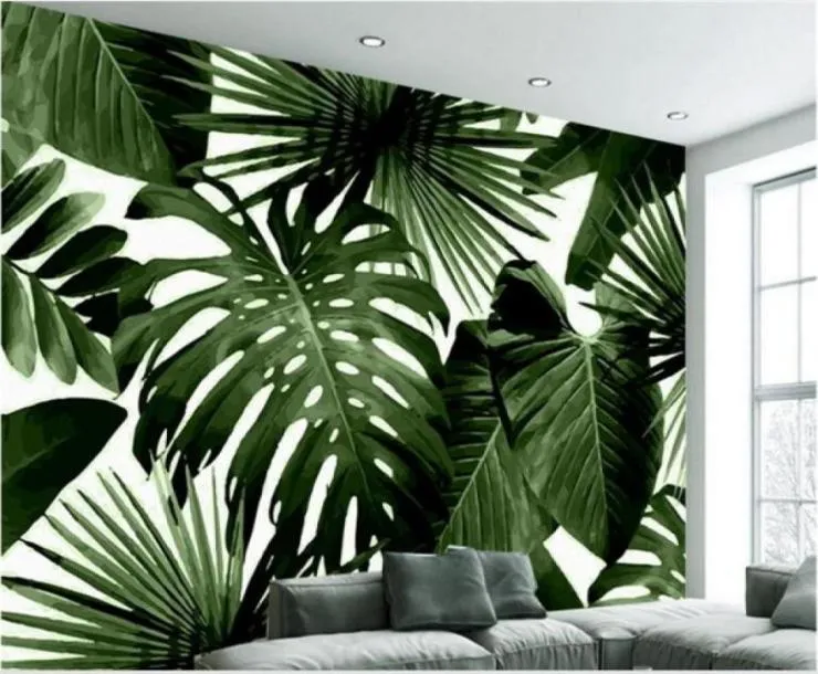 Duże niestandardowe tapety retro tropikalne leady deszczowe palmy basho liść liść salon sypialnia tło tło WALL29573708972364
