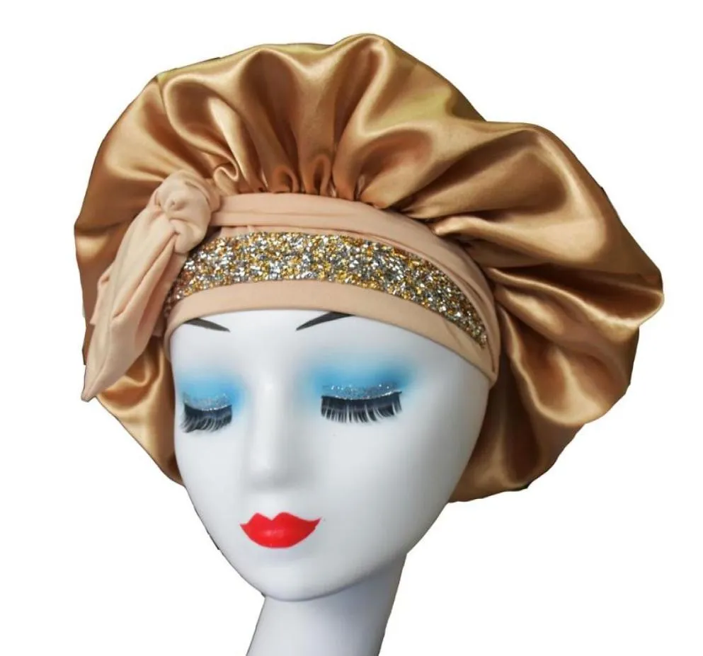 Wysokiej jakości satynowy Rhinestone luksusowy bling maska ​​włosów czapka do snu z paskiem krawatowym CH365266T5539075