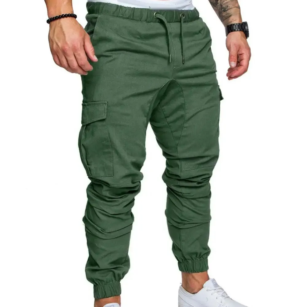 Homens harajuku joggers masculino calça as calças de cor sólida casual bolsos de cor sólida tornozelo de cordão amarrado com calças de carga magra 240429