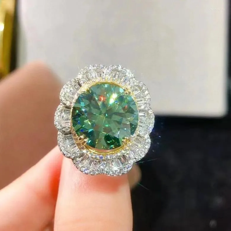 Clusterringe 10CT Blaugrüne Moissanit -Diamantring Bright Cut 925 Sterling Silber Frau Braut Hochzeit engagiert Jubiläum Luxus
