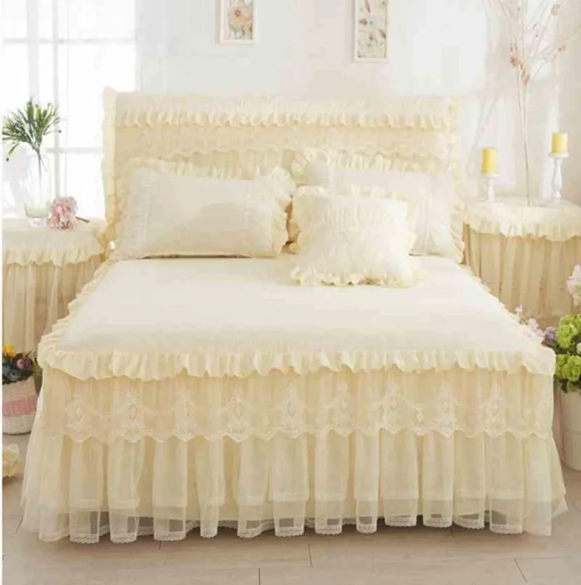 Beige Princess Lace Bed -Bread bedrok 3 stcset Ruches beddengoed laken katoenen kussensloop home decoratieve twinqueenking size5124917