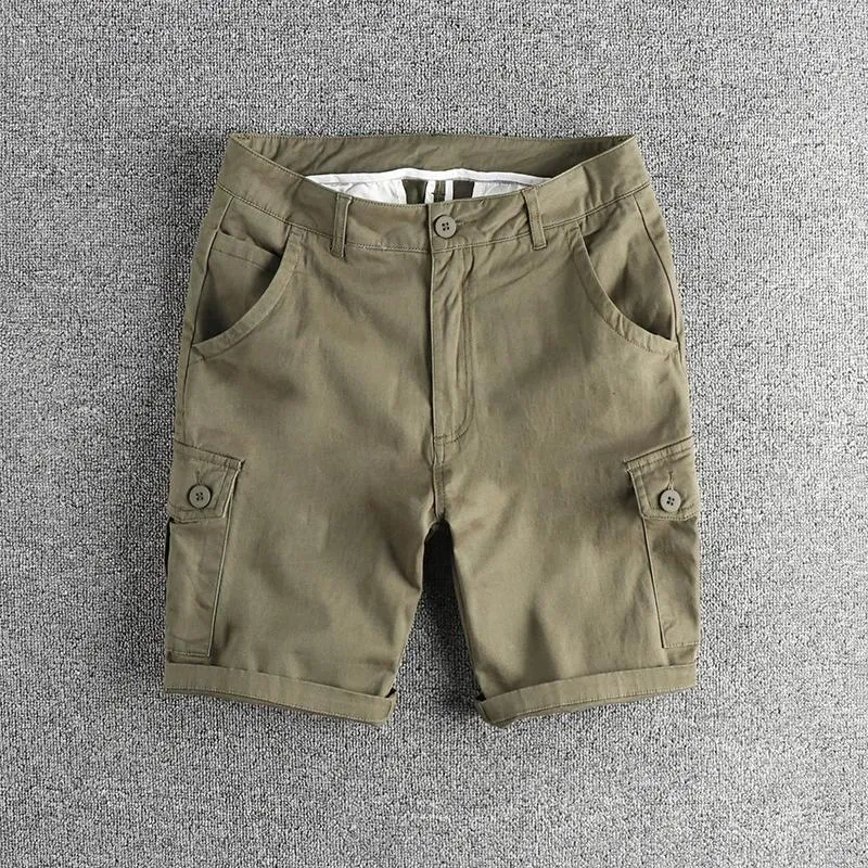 Short masculin d'été American rétro cargo décontracté hommes tissés coton micro élastique lâche tridimensionnel coupe cinq quarts pantalon