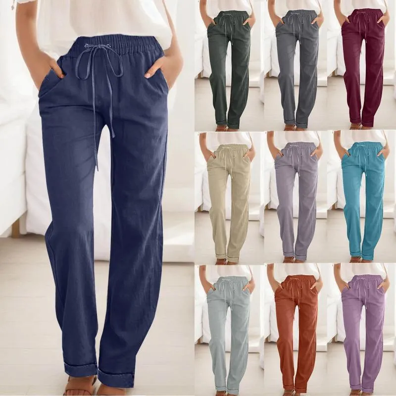 Pantalon féminin Femmes Ligne large décontractée haute taille a réglable noue nœud lâche pantalon vintage cordon droit avec des poches