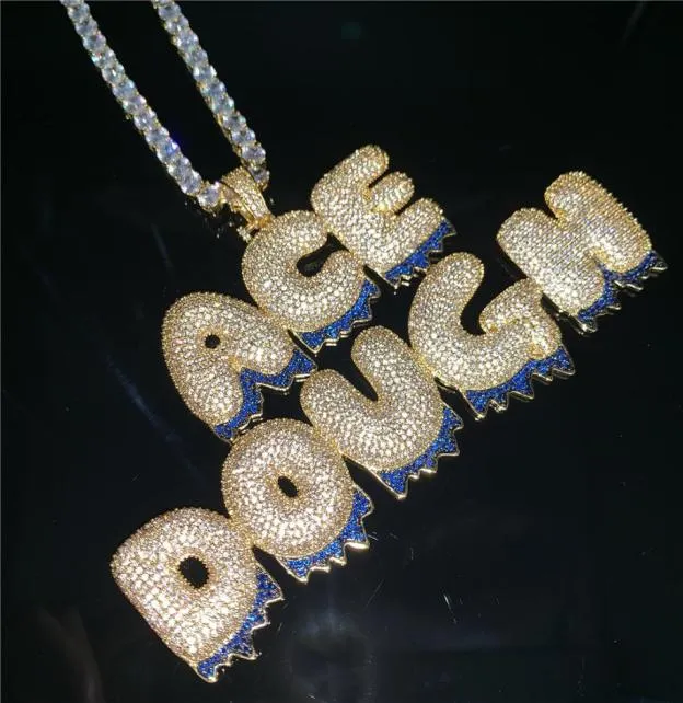 Benutzerdefinierter Name Blue Bottom Letters Halskette Anhänger Gold Silber Hip Hop Juwely mit Seilkette3553805