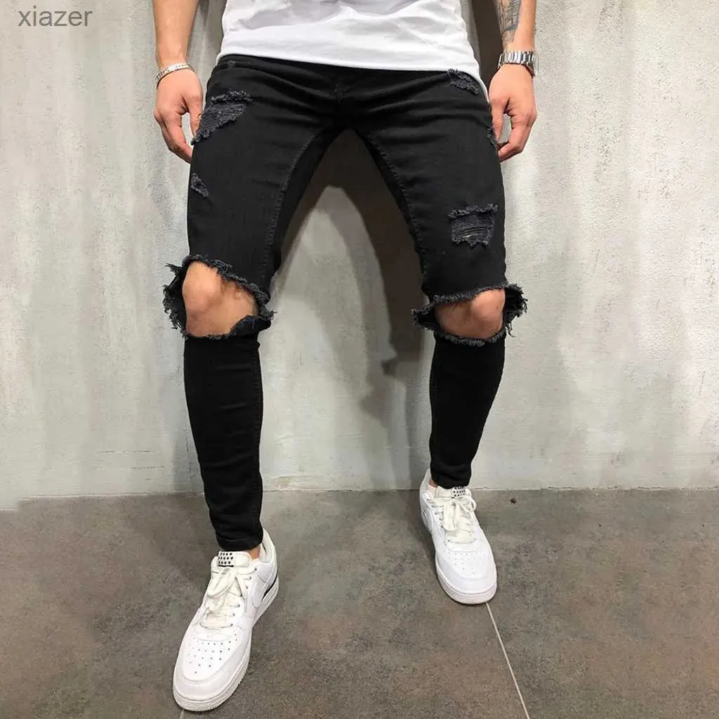 Men's Jeans Mens jeans pants mens Korean solid hollow high waisted office fashionable elastic tight fitting fashionable street clothing WX