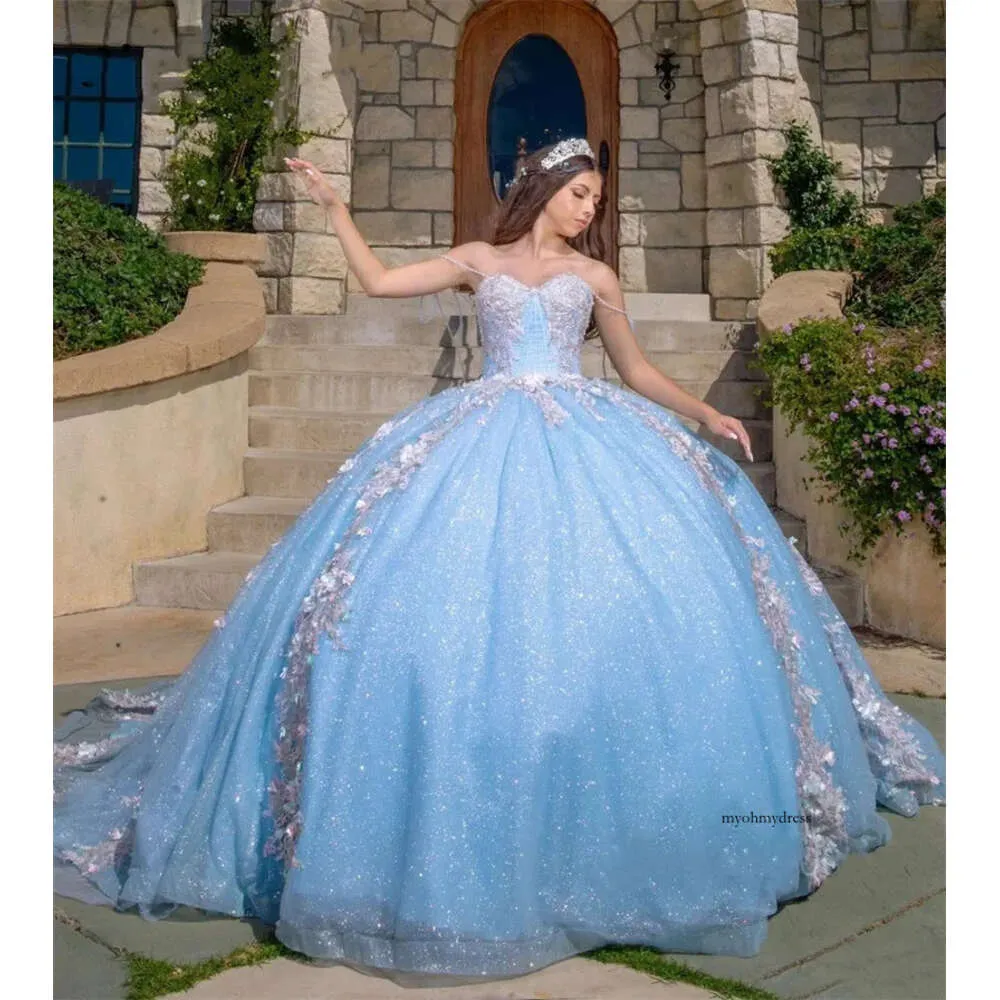 Sky Blue Cinderella Quinceanera Dresses 2024 Off Shoulder Ball Gown Sweet 16 Dress Beading Appliques Birthday Party Gowns