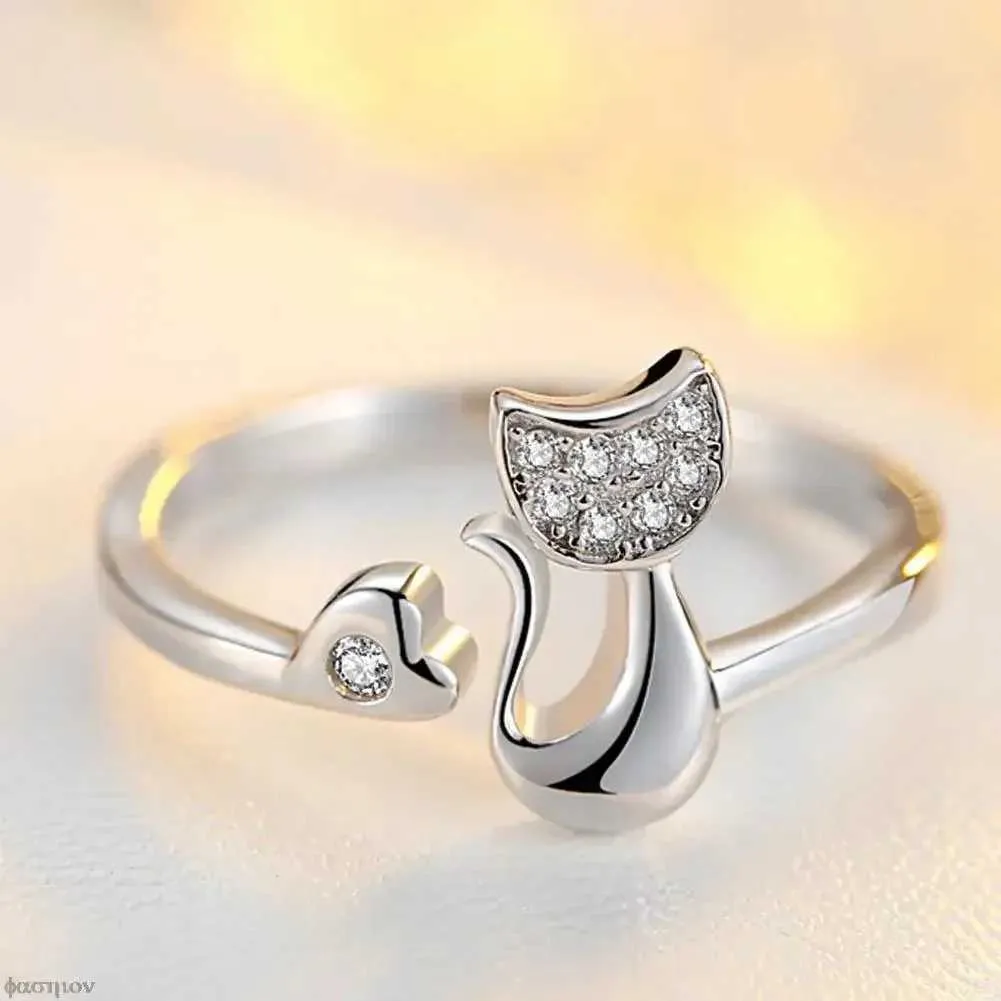 Band Rings Charming Crystal High Quality Cubic Zirconia Set with Cute Animal Cat Ring for Women and Girls Fashion Anillo De Mujer Open Q240429