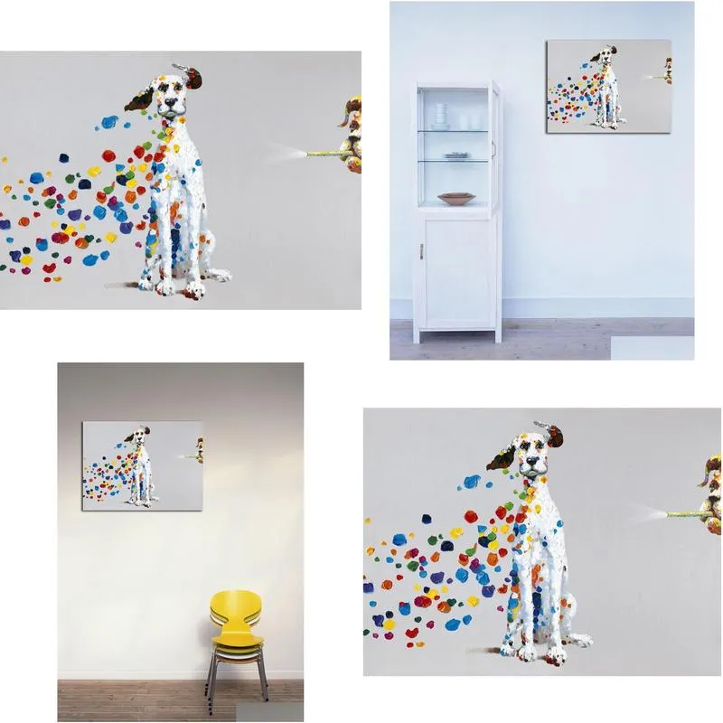 Obrazy kreskówki pies zwierzęcy z kolorowcem bąbelkowym ręcznie malowany obraz olejny na płótnie Mural Art Picture do domu do salonu ściana deco dhgnk