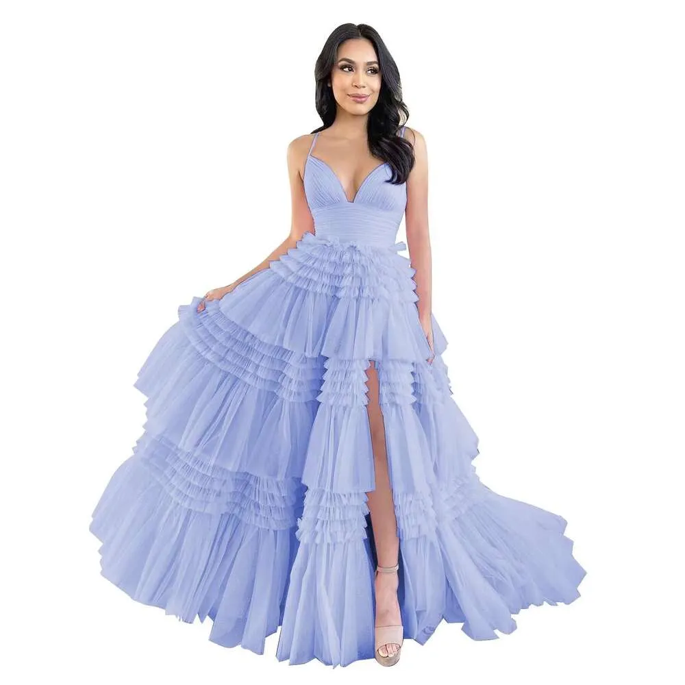 Prom A-Line Tiered Tulle Dress with Long Ruffles and Slit, Jewel Neckline,  Sleeveless Backless Formal Evening Gown from Dhgate Prom Dresses - price  100.5