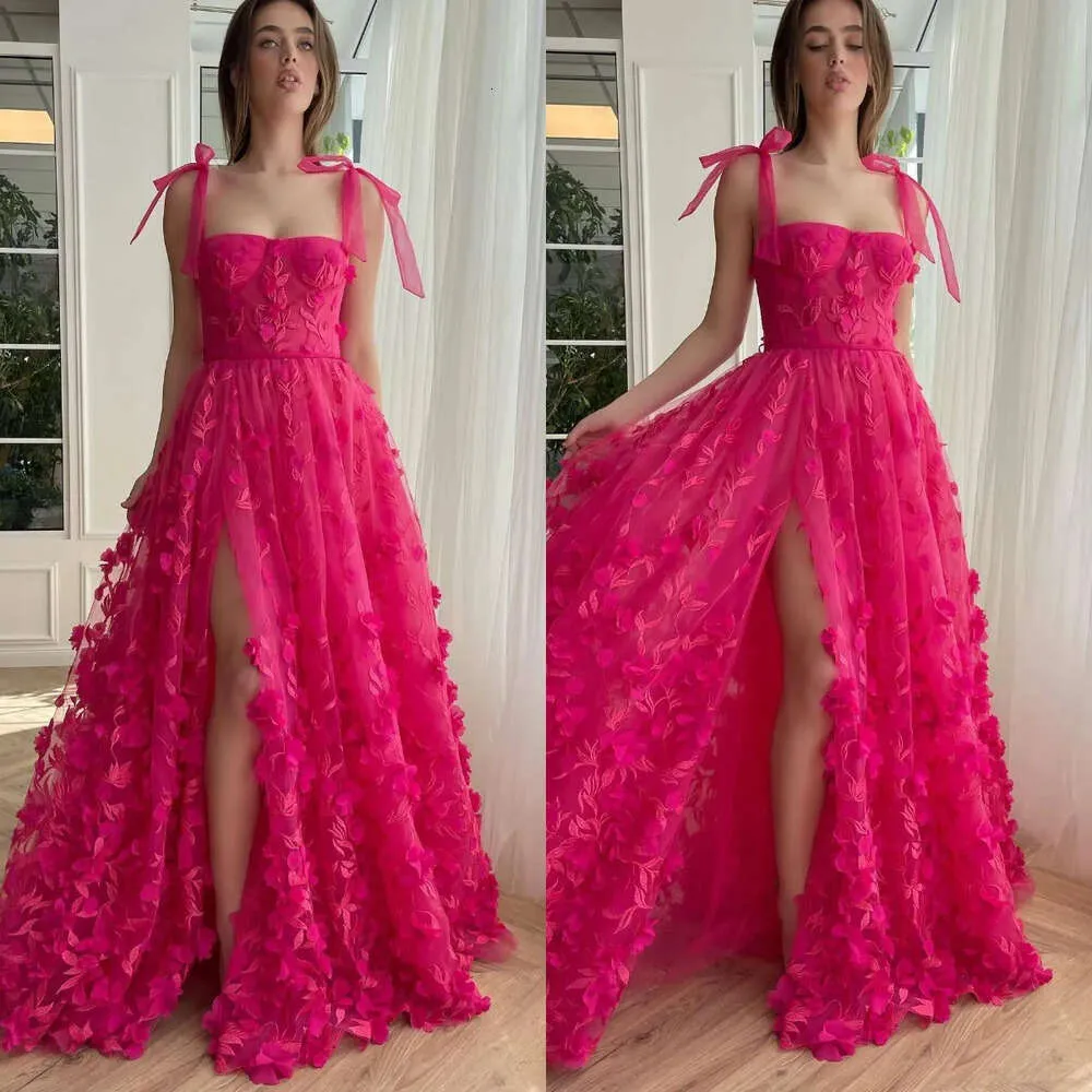 Prom Dresses Sexy Rosy Pink Spaghetti Floral Appliques Evening Gowns Slit Semi Formal Red Carpet Long Special Ocn Dress