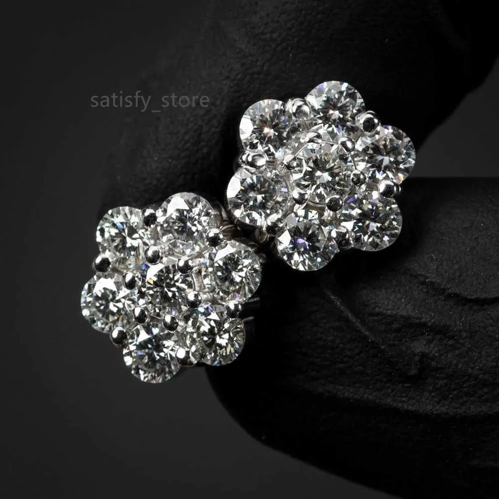 Bereit, Gra Hip -Hop -Stollen Ohrringe Moissanit Männer Ohrringe 925 Sterling Silber Cluster Blume 9mm Moissanit Ringe