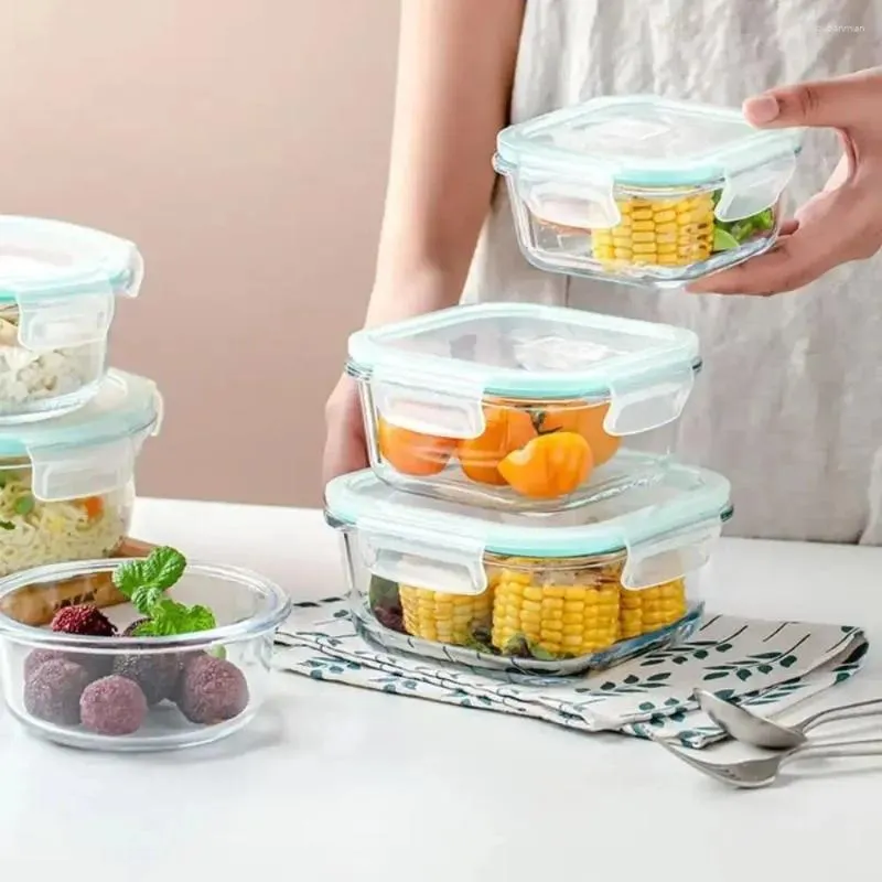 Botellas de almacenamiento Almuerzo alto de borosilicato Bento Caja de fugas Recipientes de alimentos de vidrio BPA gratis con tapa Picnic