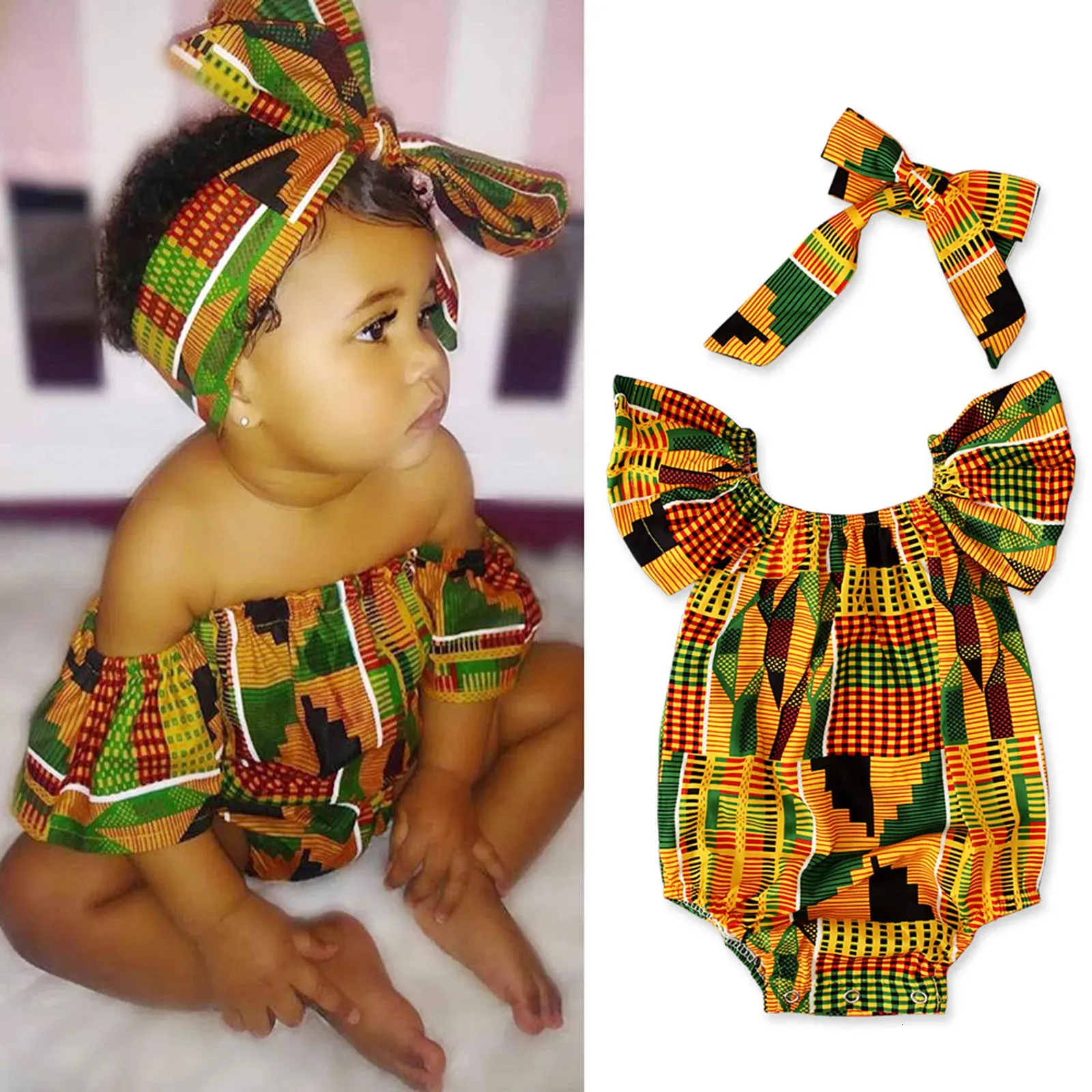Toddler African Imprimez de l'épaule Romperheadband Set Baby Girls Babyfant Tenues Bodys de bands de cheveux mignon