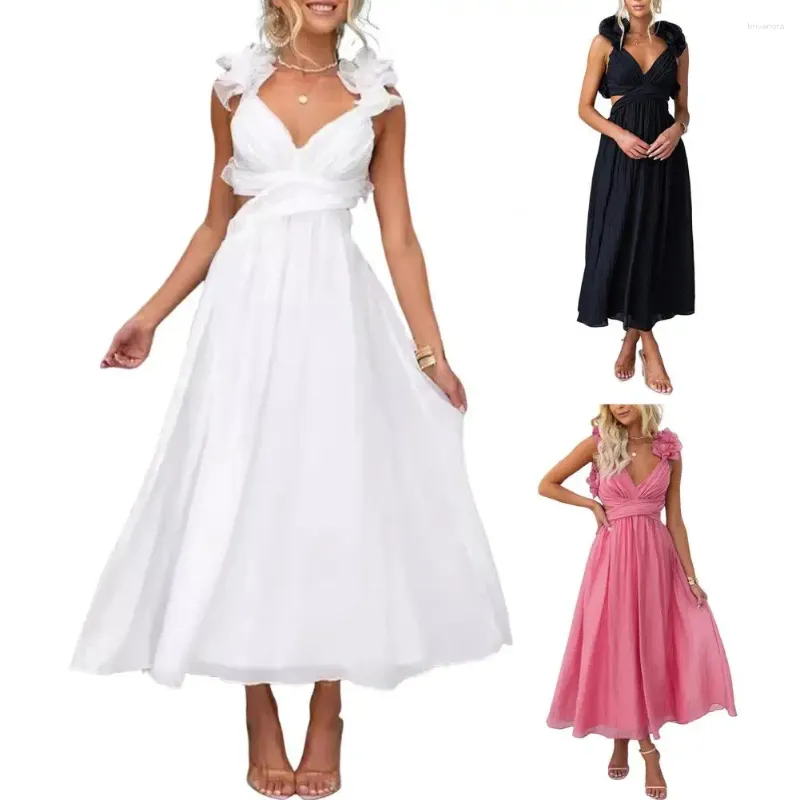 Lässige Kleider 1pc v Hals Frauen Abendkleid Cors Rücken Rüschen plissierte schlanke Taille ärmellose Schnürgurt Knöchel Länge Party Maxi