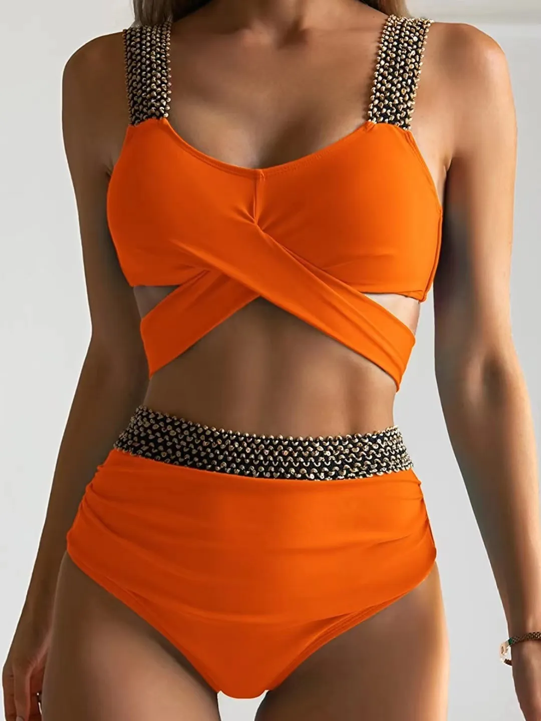 Новый бикини-купальный костюм Orange Color Foreign Trade Трехточечная сексуальная купальника Женщины Split Women Beach Wear Weef Set Jhu