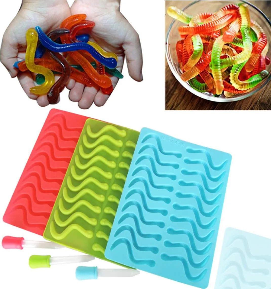 NOUVEAU 20 Cavity Snakes Worm Gomme Gommette dure Candy Chocolate Silicone Savon Moule de glace Baby Party Shower Cake Decorating Tools7024739