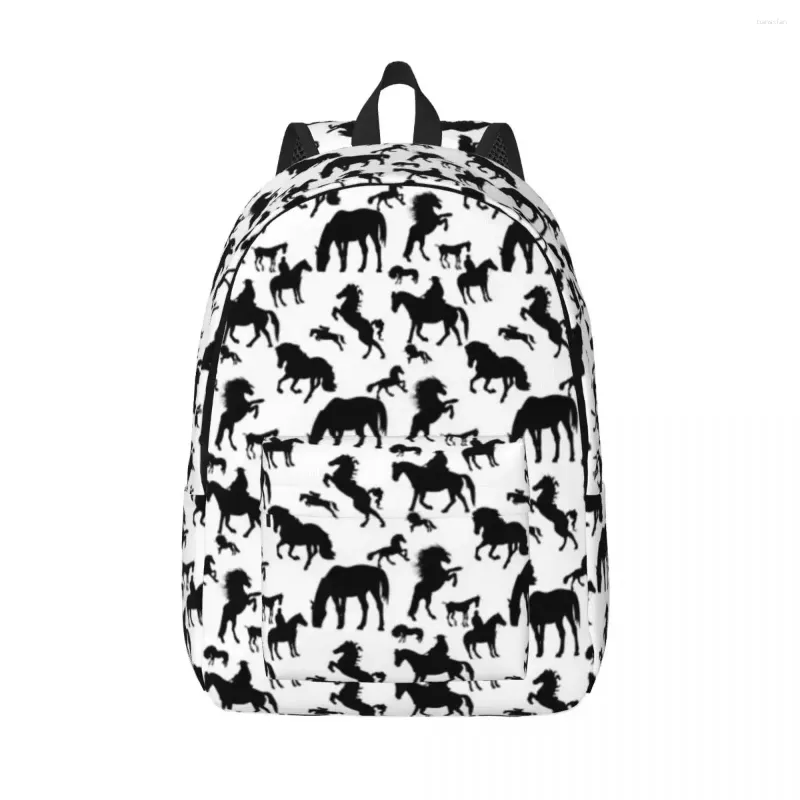 Sac à dos noir et blanc motif de cheval femme petit sac à dos garçons filles sac à épaule sac à épaule portabilité sac à dos enfants sacs scolaires