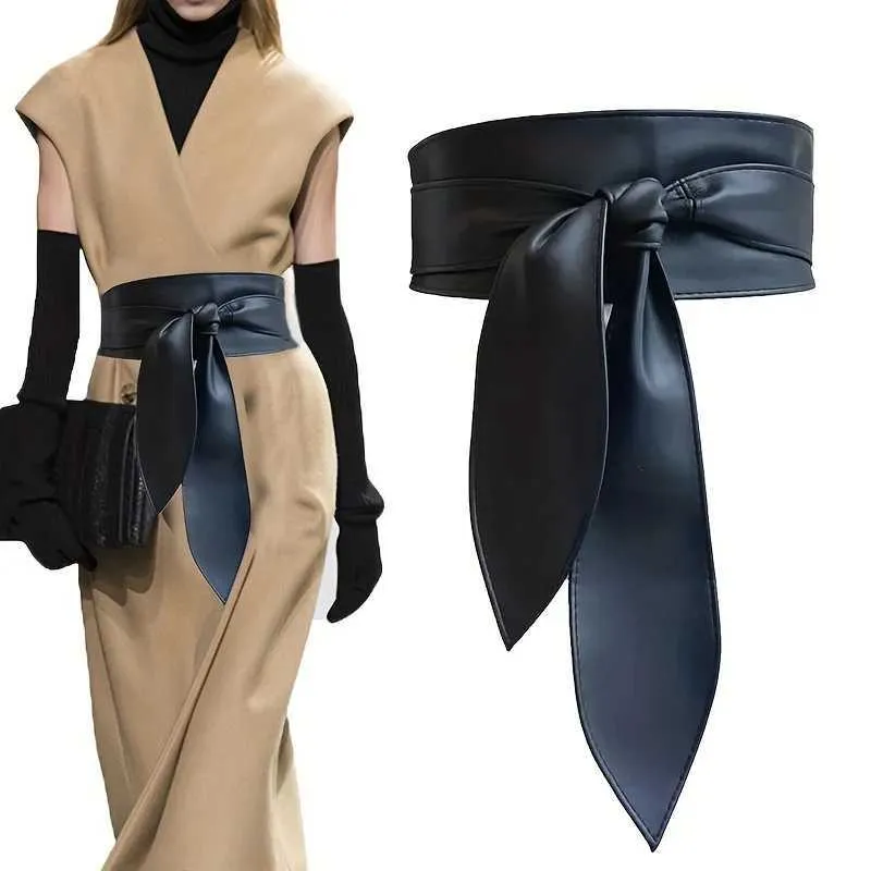 Cinture Black Bowknot Obi Belt Lace Up Corset Knot Corset PU Cinture larghe con cinto Cinta elegante cappotto per donne per donne