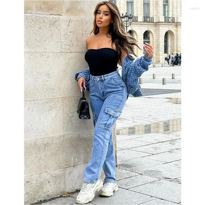 Jeans pour femmes Wepbel Y2g Style Femmes Streetwear High Waist Cargo Denim Pantalons Casual Workwear Works Multi-sac Pantalon à jambes droites