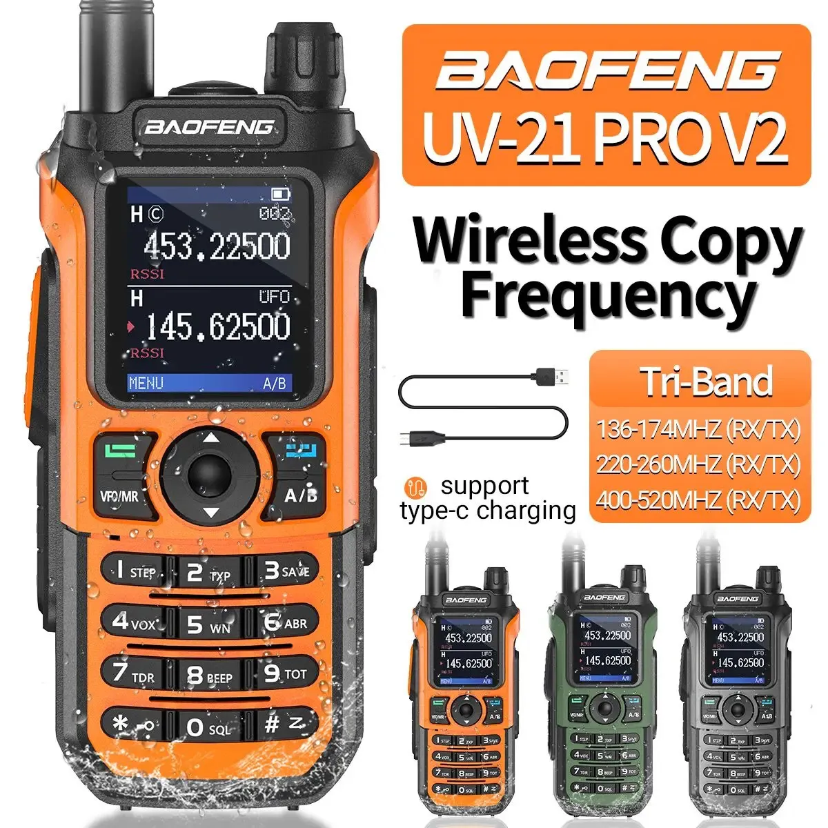Baofeng UV-21 Pro V2 Walkie Talkie Long Range Wireless Copy Frequency Type-C Charger Tri Band Powerful Waterproof Tway Radio 240430