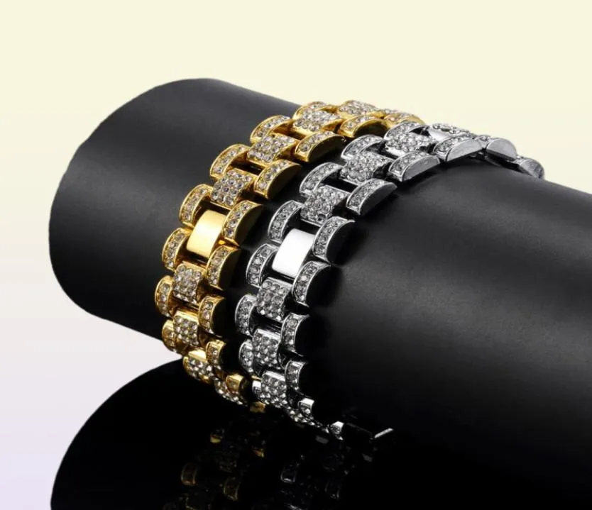 Bling Bling 15mm 21cm Gold Silver Hip Hop Mens Rhinestones Watchband Chain Bracelet Tank Bangle For Boys Rapper Rocker Punk Iced O1852465