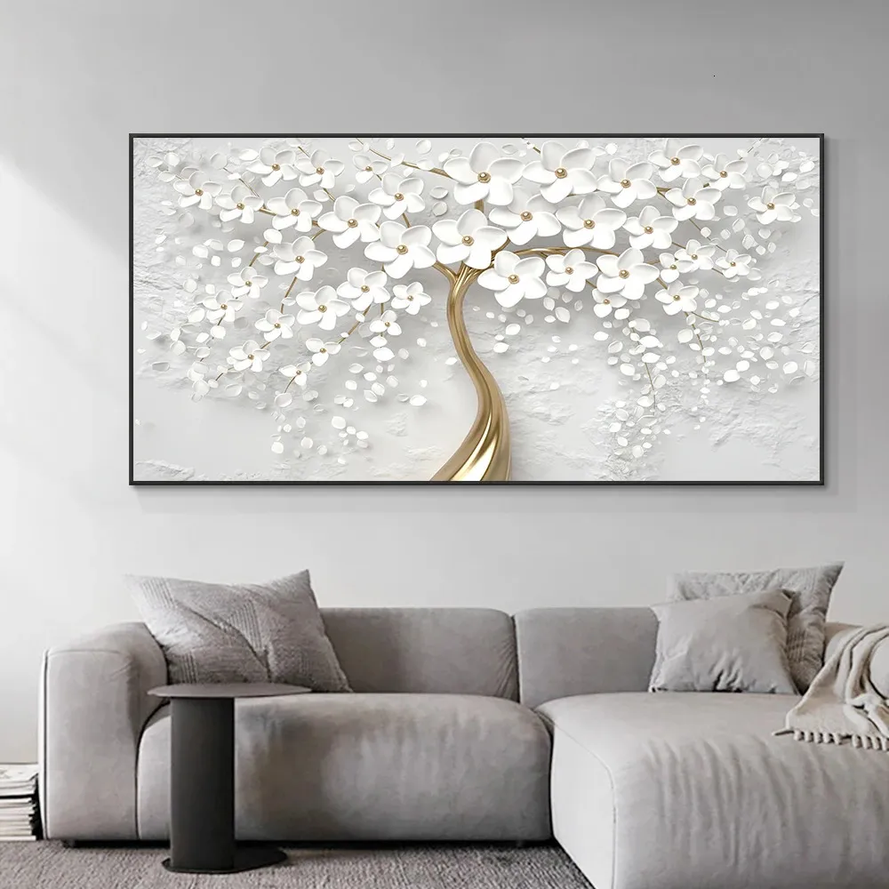 Resumo 3d Flores brancas Canvas pintando modernas pôsteres de plantas nórdicas e impressões de arte de parede para decoração da casa da sala 240415