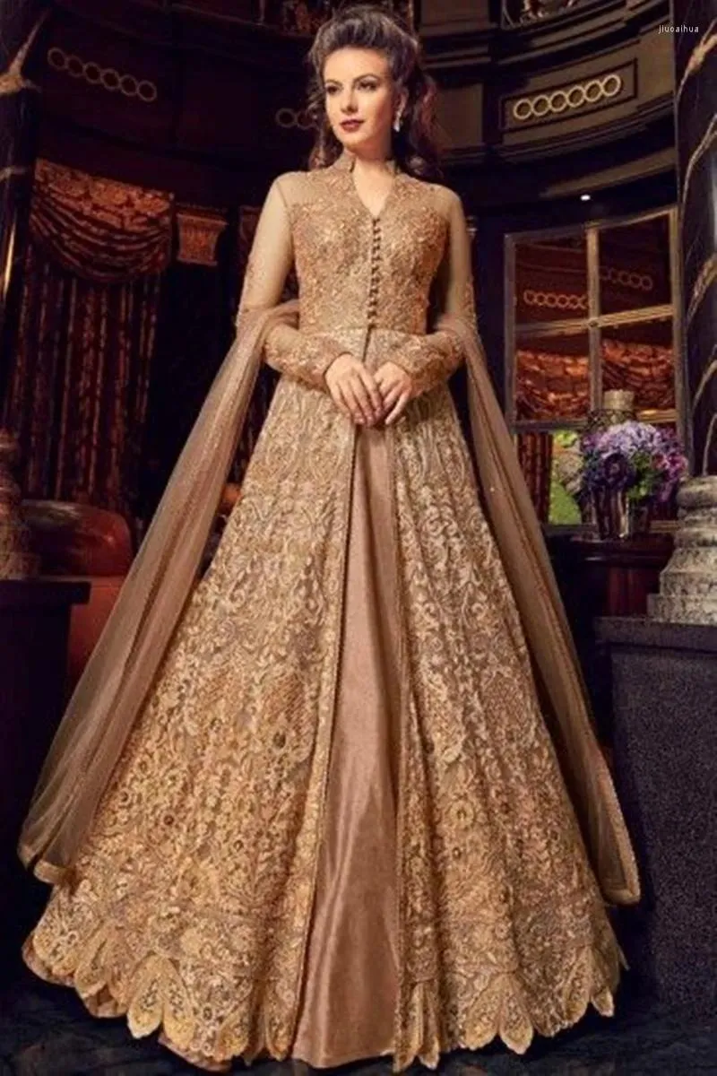 Party Dresses Latest Collection Of Ethnic Outfits Evening Designer Wear Gold Lace Long Sleeve Muslim Arabic Prom Gowns