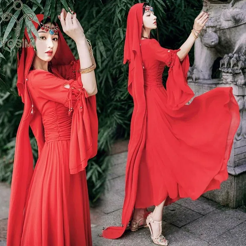 Sukienki swobodne Yosimi Red szyfonowe Długie kobiety sukienka Elegancka 2024 Summer Maxi O-Neck Rękaw Dres Empire Even Every Party Vestidos