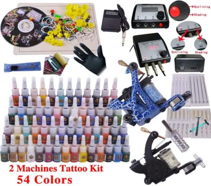 Kit de tatuagem YLT12 Equipamento de ferramenta de tatuagem completa 2Machines Máquina de maquiagem permanente Dica da machine A agulhas de alimentação Set4748384