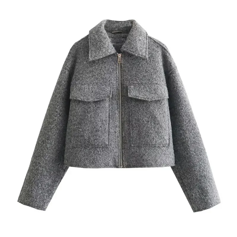 TRAF Womens Cropped Tweed Jacket Zip Front Short From Pong01