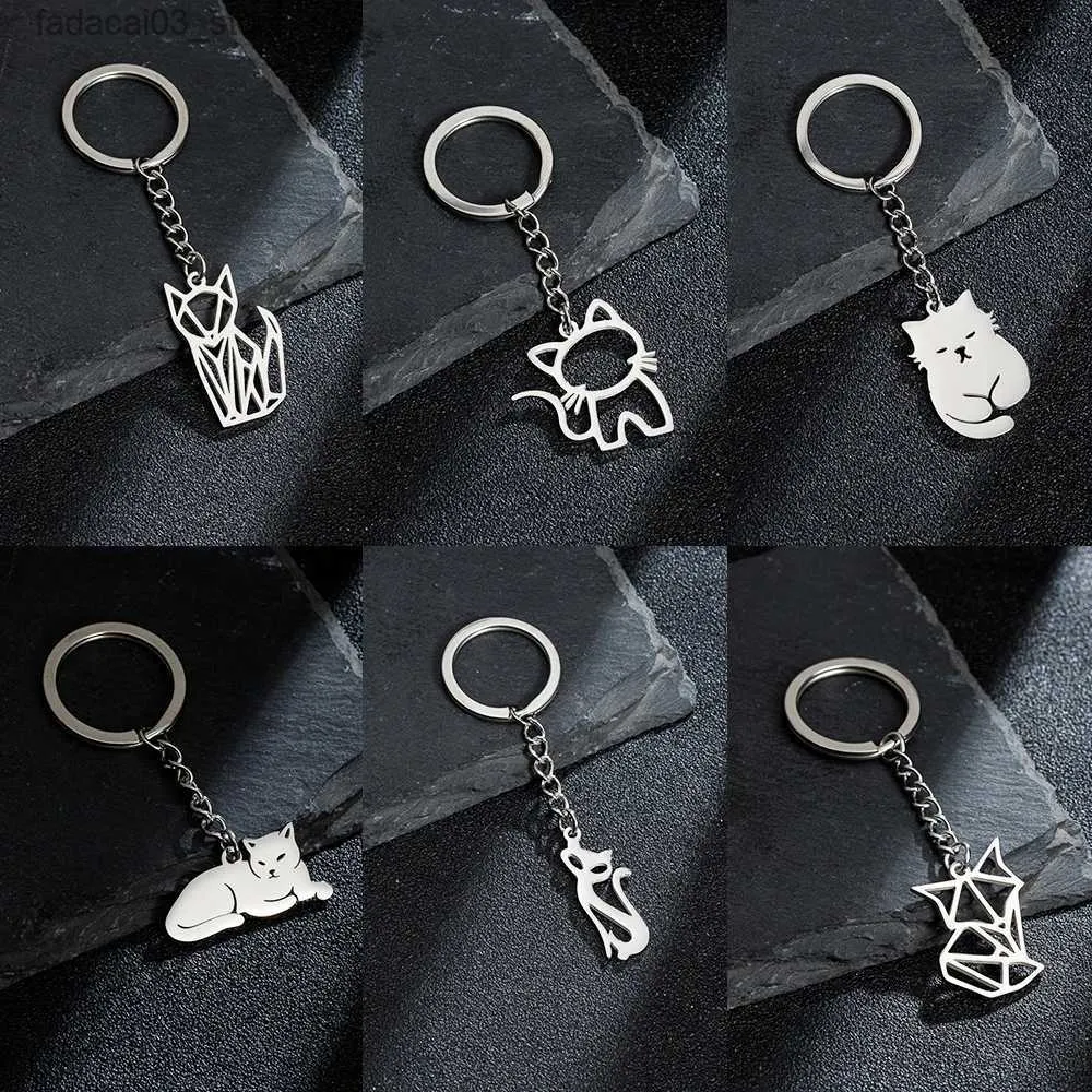 Keychains Lanyards Lucky Happy Cat Metal Keychain Charms For Women Stainless Steel Chain For Keyring Making Supplies Keyholders With Free Shipping Q240201