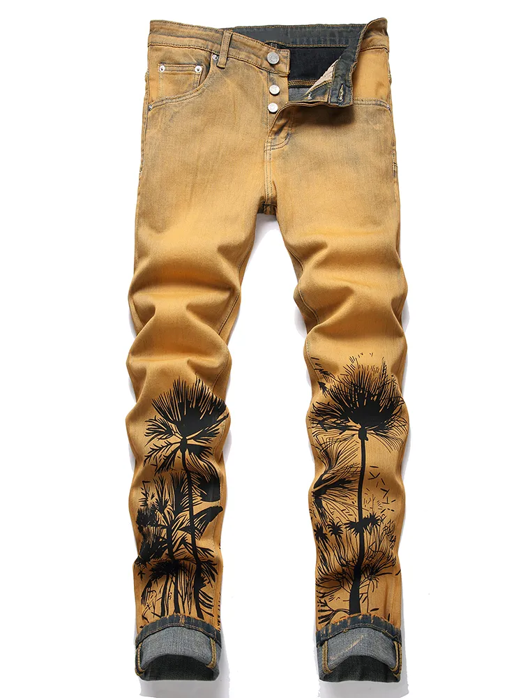 Skinny jeans voor heren met retro bladprint, slim-fit, stretch-rechte denimbroek, casual broek voor op straat
