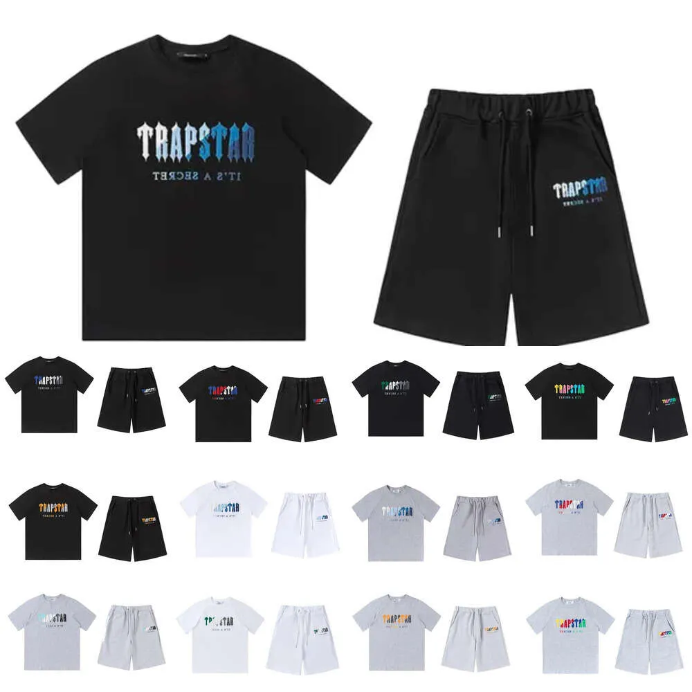 Trapstar Survêtement T-shirts pour hommes Designer Lettre de broderie Noir Blanc Gris Arc-en-ciel Couleur Sports d'été Mode Cordon de coton Haut à manches courtes Taille S M L XL op