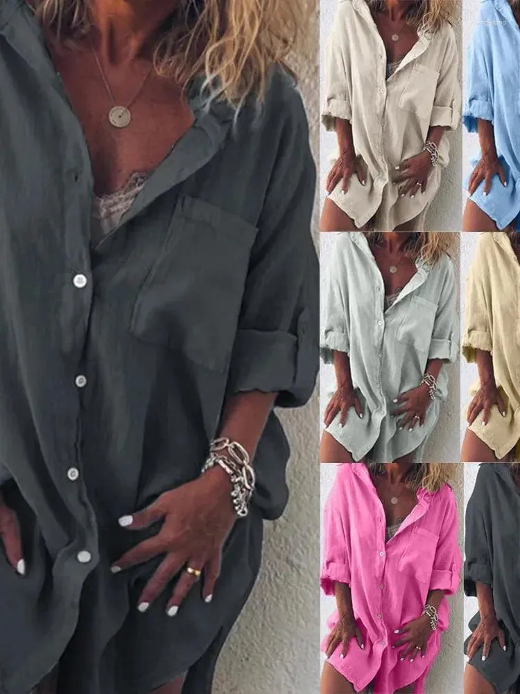 Kvinnors blusar 2024 Summer Fashion Casual Cotton Linen Shirt