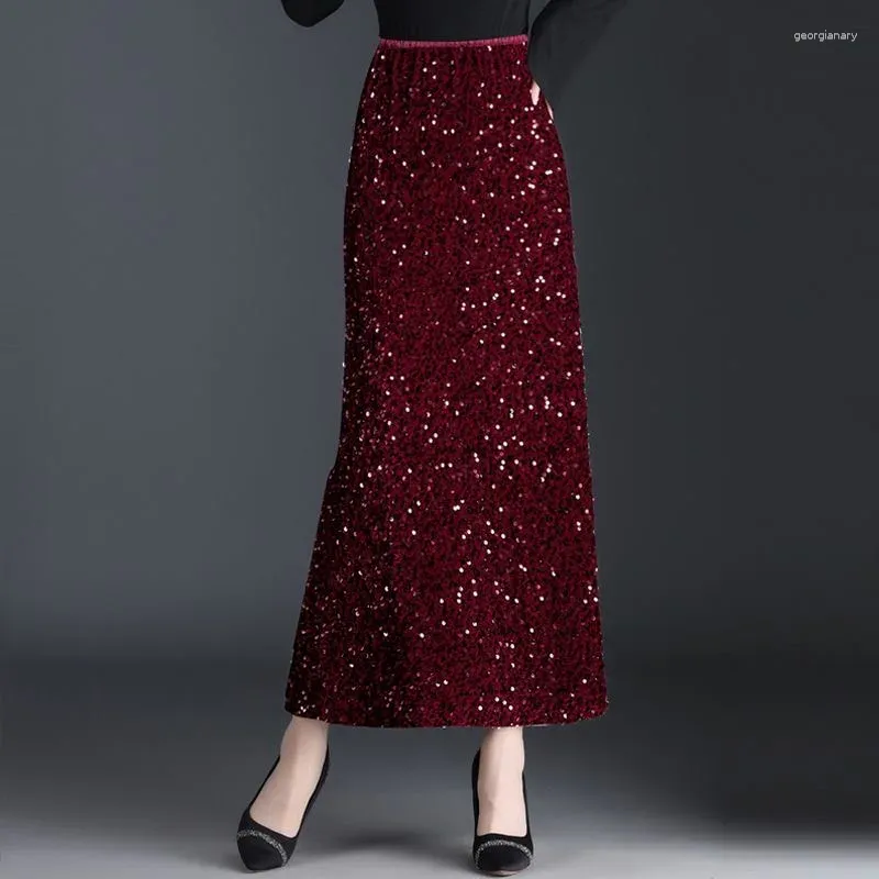 Skirts 2024 Spring Fall Women High Waisted Sequined Wine Red Black Placket Long Skirt Woman Fashion Slim Glitter Bling