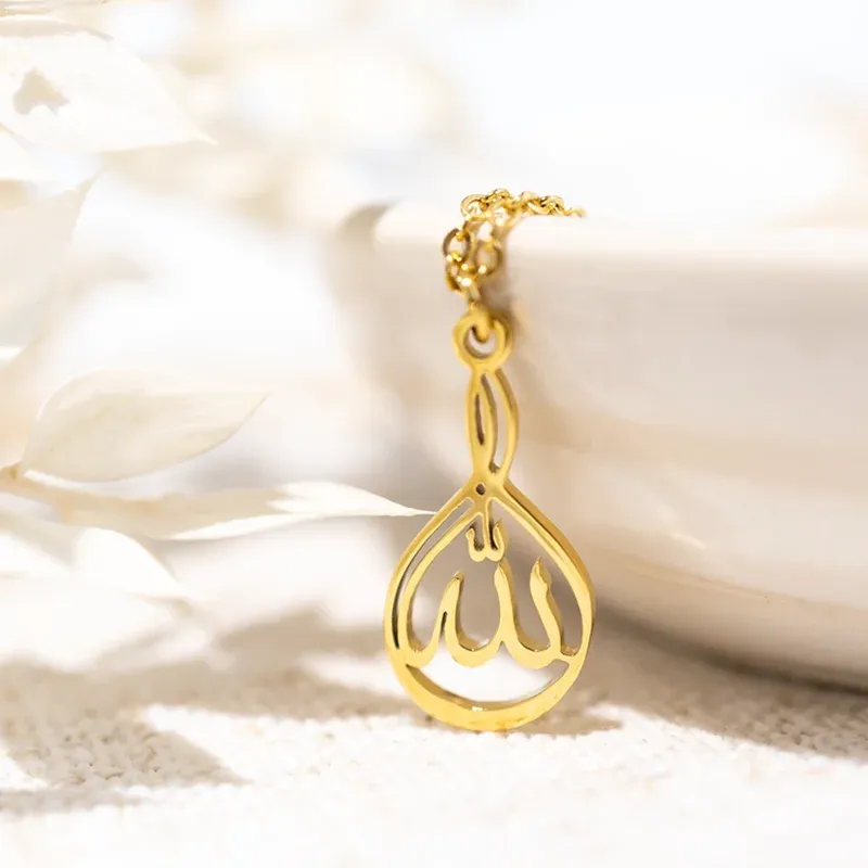 Colliers ALLAH |Collier en forme de larme arabe pour femmes, bijoux personnalisés avec nom arabe, pendentif en acier inoxydable, dieu musulman Allah, cadeaux