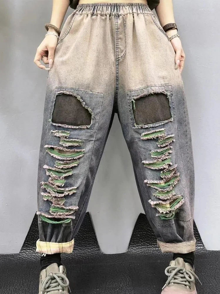 Women's Jeans QPFJQD Fashion Patchwork Holes Trousers Ladies Retro 2024 Spring Ripped Elastic Waist Women Loose Leisure Denim Pants