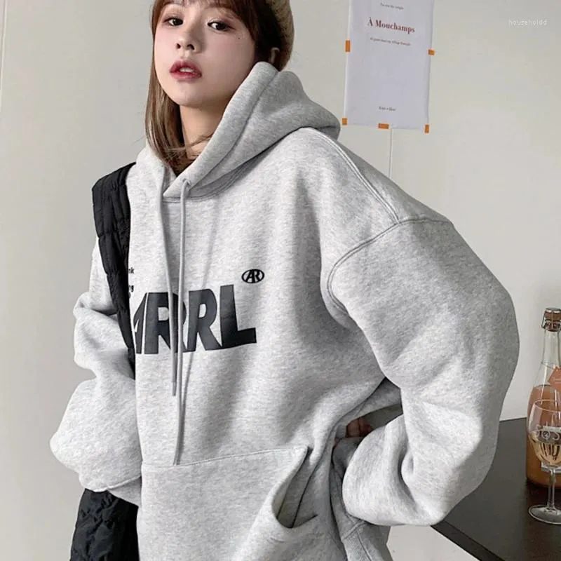 Womens Hoodies Grey Thicken Women Letter Printed Aesthetic Fleece Hooded Sweatshirts Autumn Oversized Harajuku Thickened Idle Sle