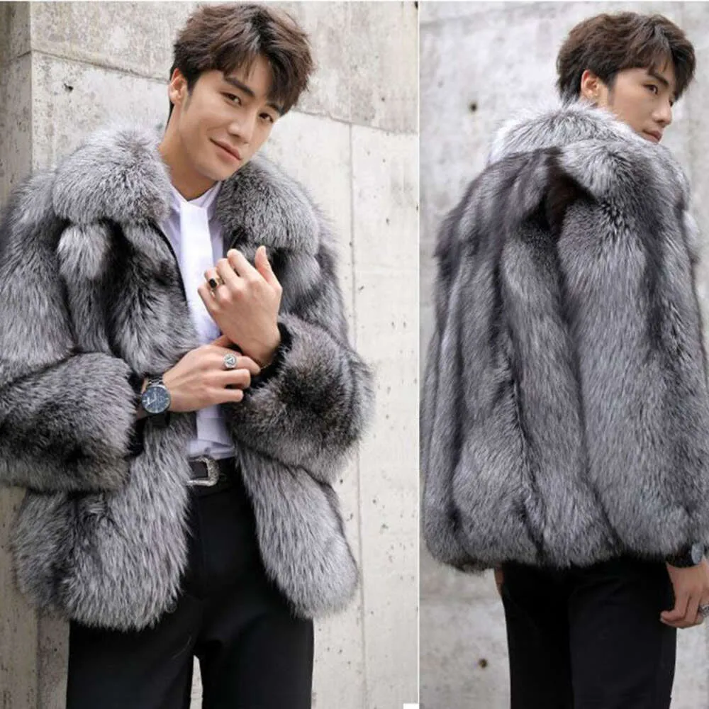 Autumn and Winter Designer Faux Fur Mens Coat Fashion Casual Silver Thickened Warm Polo Neck Loose Large MYSK