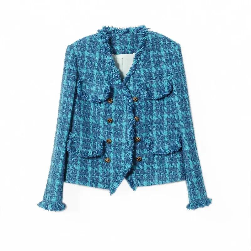 Vintage Bleu Tweed Veste Designer Femmes Vêtements Automne Hiver Manteau Blazer Bureau Lady Coréen Chic Fringe Boutons Manteaux De Luxe 240201